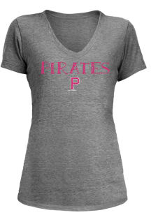 Pittsburgh Pirates Womens Grey Glitter Pink Wordmark V-Neck