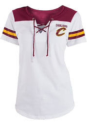 Cleveland Cavaliers Womens White Athletic Lace Placket V Neck Short Sleeve T-Shirt