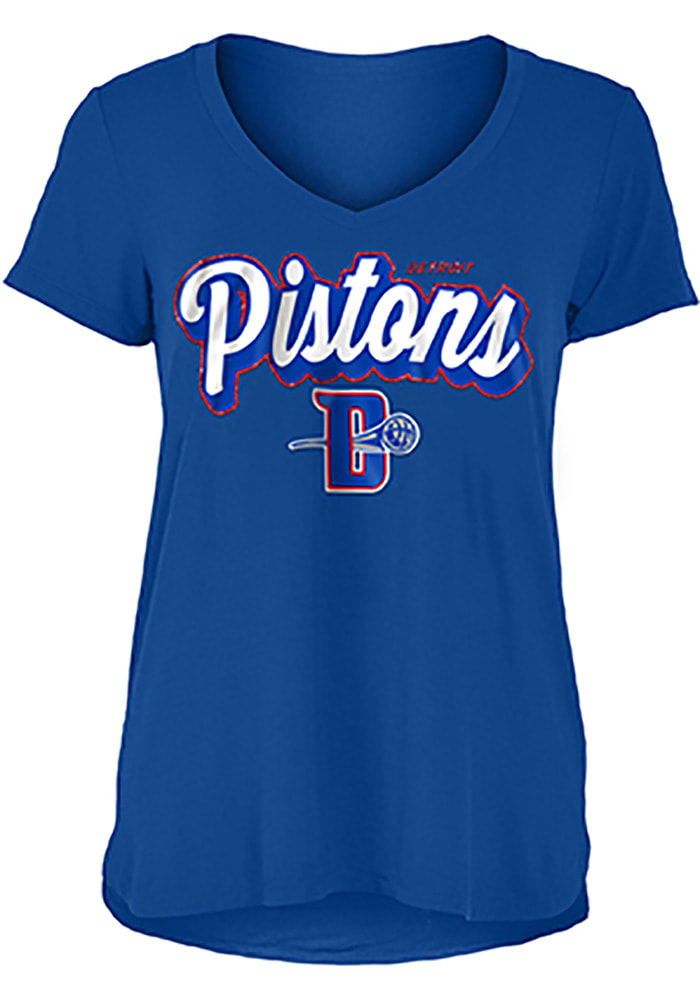Detroit Pistons Womens Blue Athletic Glitter V Neck Short Sleeve T-Shirt