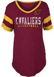 Cleveland Cavaliers Womens Red Athletic Sleeve Stripe V Neck Short Sleeve T-Shirt