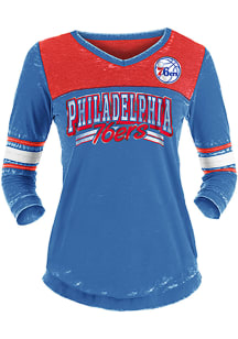New Era Philadelphia 76ers Womens Blue Washes Foil Burnout 3/4 V Neck LS Tee