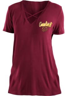 New Era Cleveland Cavaliers Womens Red Washes Foil Potassium Spray V Neck Short Sleeve T-Shirt