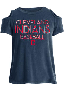 Cleveland Indians Girls Navy Blue Cold Shoulder Short Sleeve Fashion T-Shirt