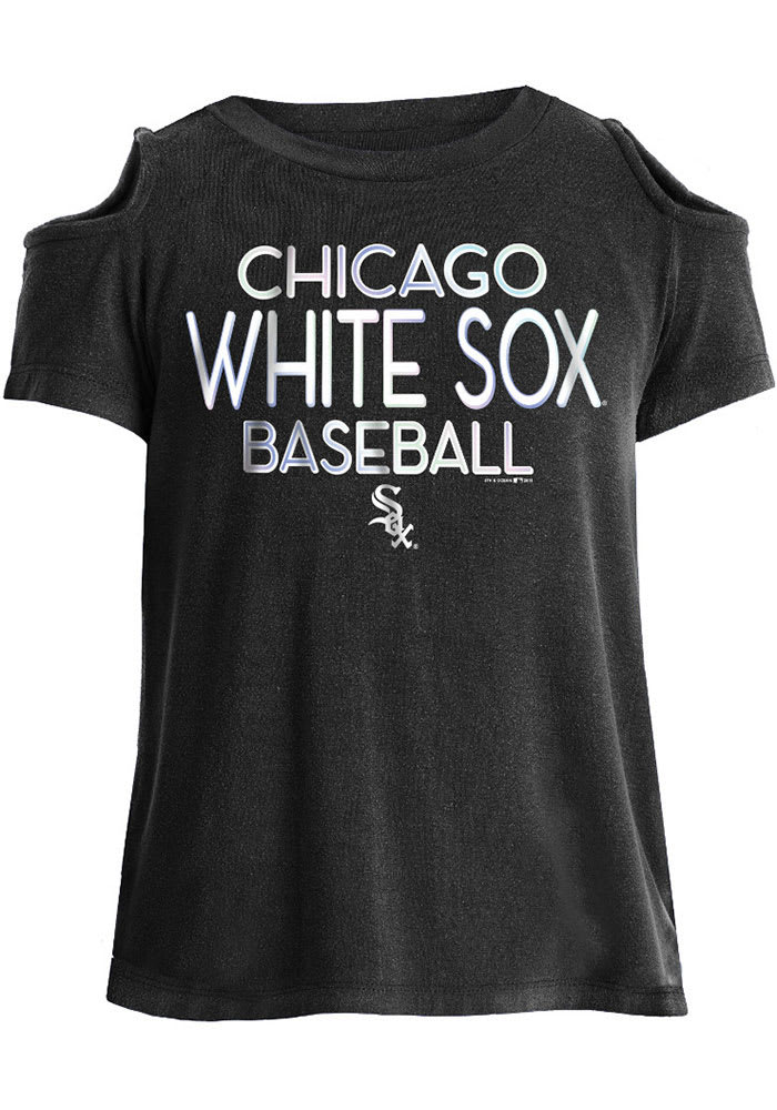 Chicago White Sox Girls Black Cold Shoulder Short Sleeve Fashion T-Shirt