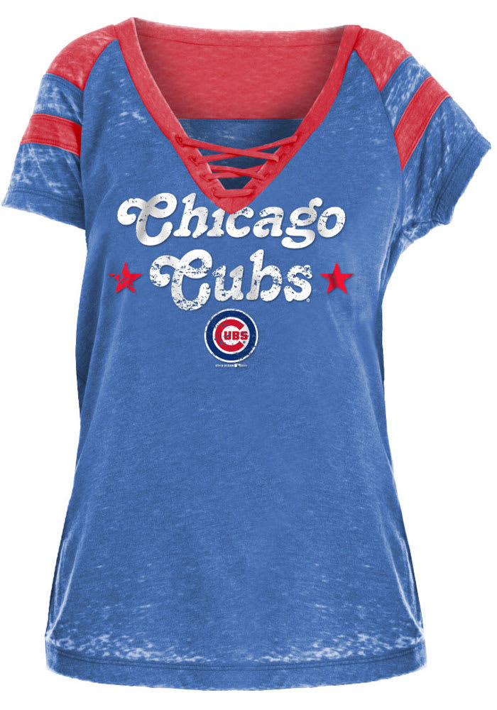 Buy the Womens White Striped Chicago Cubs V-Neck Short Sleeve T-Shirt Size  XL