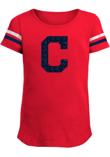 Cleveland Indians Girls Red Glitter Logo Short Sleeve Fashion T-Shirt