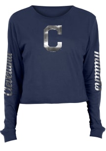 Cleveland Indians Womens Navy Blue Athletic Foil Crop Crew LS Tee