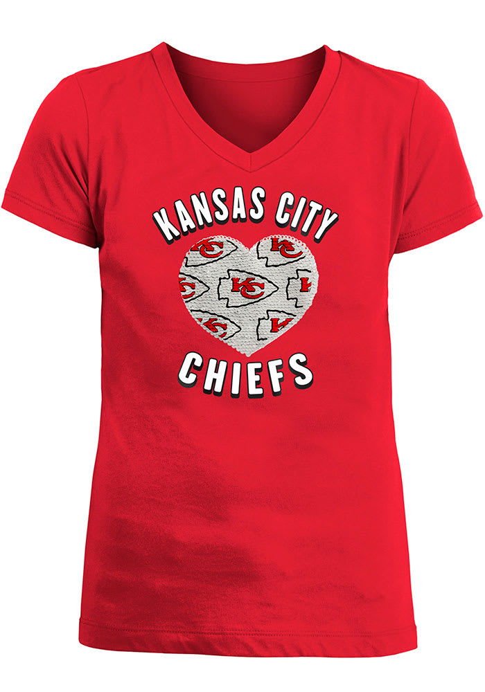 Kansas City Chiefs Girls Red Heart Sequin Short Sleeve Fashion T-Shirt
