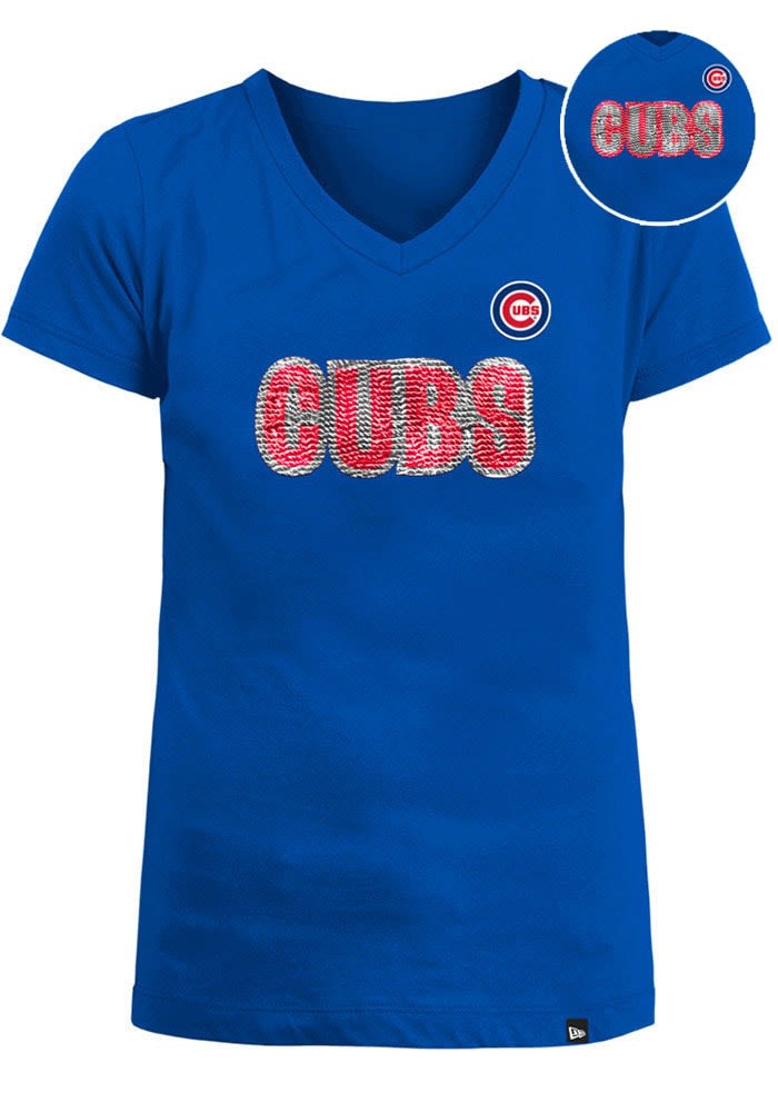 Chicago Cubs New Era Girls Youth Flip Sequin Team V-Neck T-Shirt