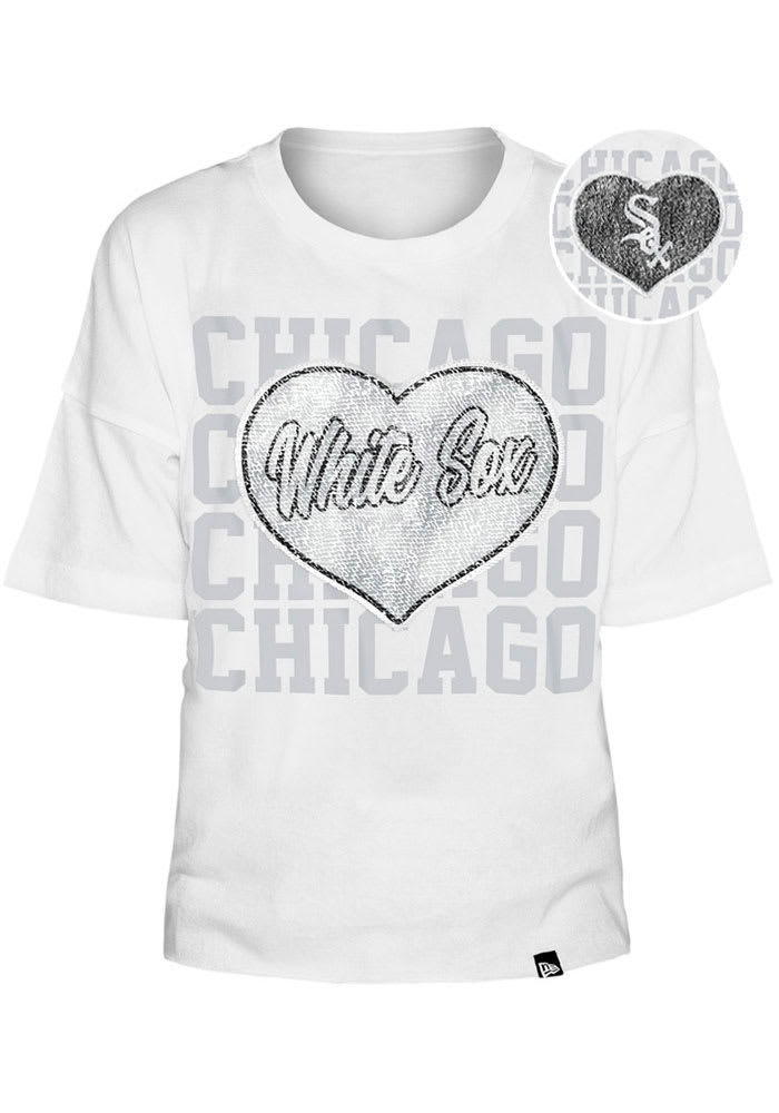 Chicago White Sox Girls White Flip Sequin Heart Short Sleeve Fashion T-Shirt