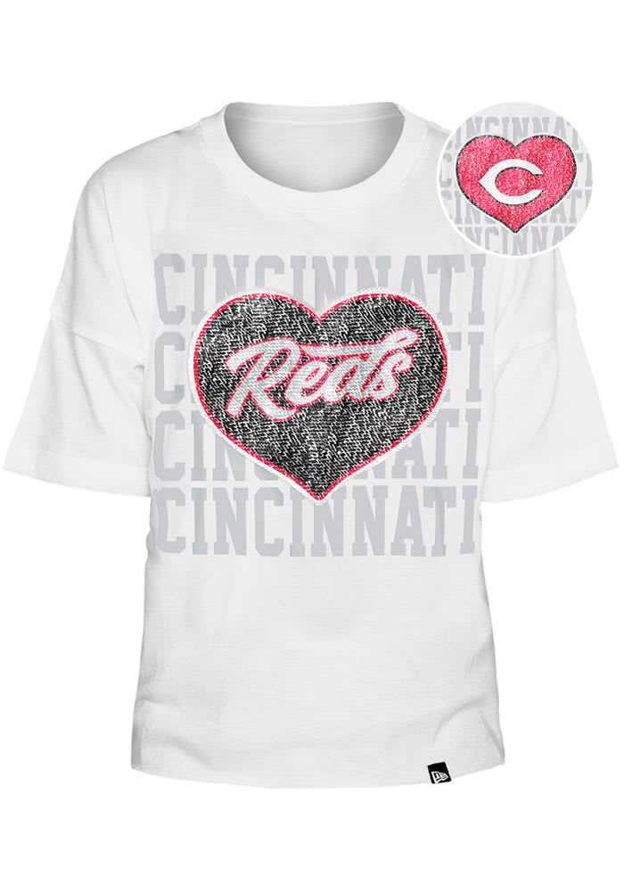 Cincinnati Reds Girls White Flip Sequin Heart Short Sleeve Fashion T-Shirt