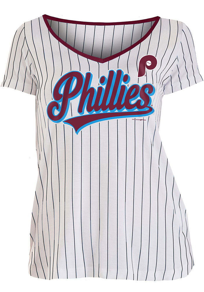 Philadelphia Phillies Womens Cooperstown Opening Night Pinstripe V T-Shirt  - White