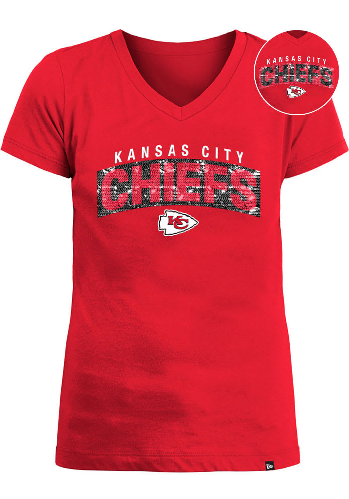 Kansas City Chiefs Girls Red Flip Sequin Wordmark Short Sleeve Fashion T-Shirt