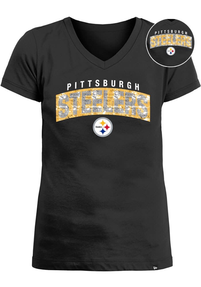 Pittsburgh Steelers New Era Girls Youth Flip Sequin V-Neck T-Shirt - Black