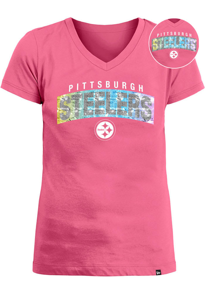 Pittsburgh Steelers Girls Pink Flip Sequin Wordmark Short Sleeve Fashion T-Shirt
