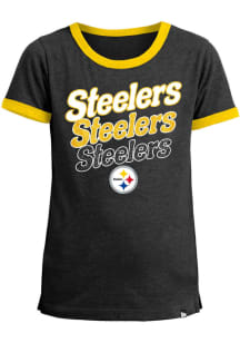 New Era Pittsburgh Steelers Girls Black Glitter Ringer Short Sleeve Fashion T-Shirt