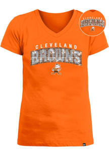 Brownie  New Era Cleveland Browns Girls Orange Flip Sequin Wordmark Retro Short Sleeve Fashion T..