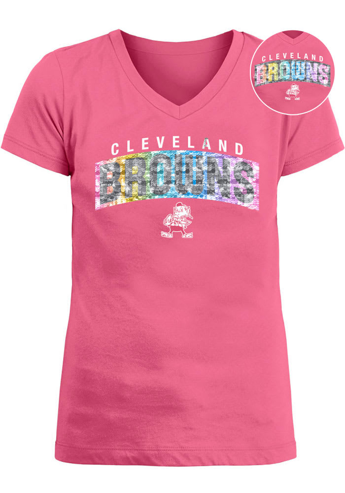 Cleveland Browns Girls Pink Flip Sequin Wordmark Retro Short Sleeve Fashion T-Shirt