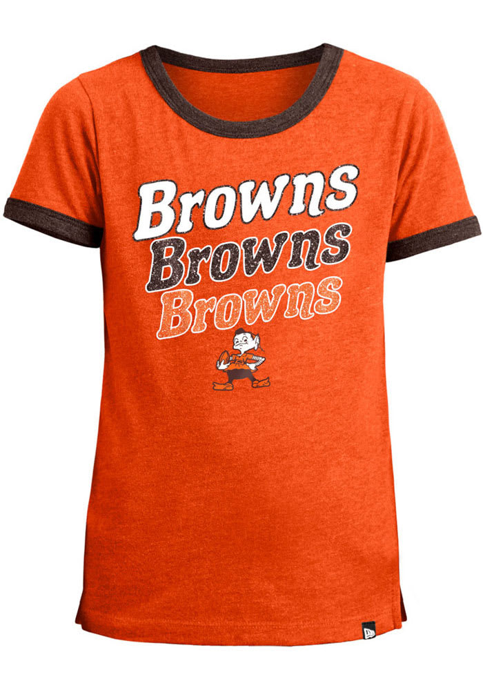 Brownie Cleveland Browns New Era Girls Glitter Ringer Retro Short Sleeve Fashion T Shirt ORANGE