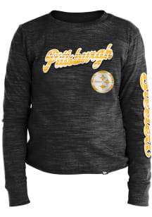 New Era Pittsburgh Steelers Girls Black Foil Space Dye Cropped Crew Long Sleeve T-shirt