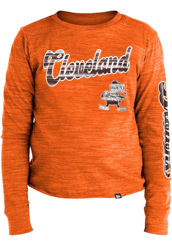 Brownie Cleveland Browns Girls Orange Foil Space Dye Cropped Crew Retro Long Sleeve T-shirt