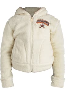 Brownie  New Era Cleveland Browns Girls Ivory Sherpa Hooded Knit Retro Long Sleeve Full Zip Jack..