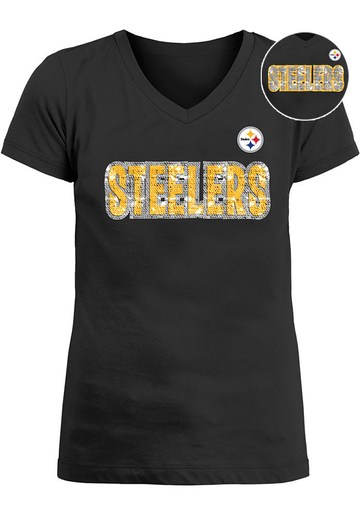 Pittsburgh Steelers New Era Girls Youth Flip Sequin V-Neck T-Shirt - Black