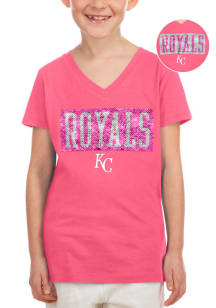 New Era Kansas City Royals Girls Pink Flip Sequin Vneck Short Sleeve Fashion T-Shirt