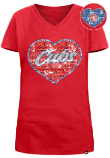 New Era Chicago Cubs Girls Red Flip Sequin Vneck Heart Short Sleeve Fashion T-Shirt