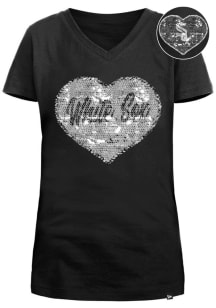 New Era Chicago White Sox Girls Black Flip Sequin Vneck Heart Short Sleeve Fashion T-Shirt