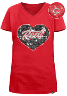 New Era Cincinnati Reds Girls Red Flip Sequin Vneck Heart Short Sleeve Fashion T-Shirt