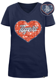 New Era Detroit Tigers Girls Navy Blue Flip Sequin Vneck Heart Short Sleeve Fashion T-Shirt