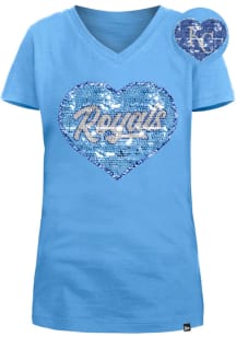 New Era Kansas City Royals Girls Light Blue Flip Sequin Vneck Heart Short Sleeve Fashion T-Shirt