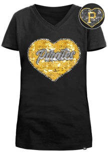 New Era Pittsburgh Pirates Girls Black Flip Sequin Vneck Heart Short Sleeve Fashion T-Shirt