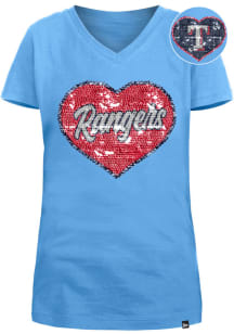 New Era Texas Rangers Girls Light Blue Flip Sequin Vneck Heart Short Sleeve Fashion T-Shirt