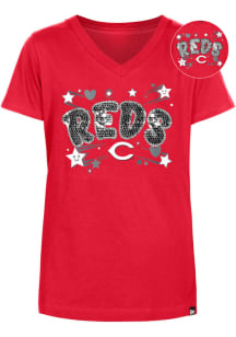 New Era Cincinnati Reds Girls Red Hearts and Stars Flip Sequin Short Sleeve Fashion T-Shirt