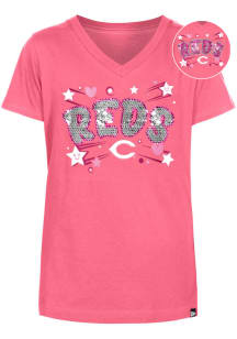 New Era Cincinnati Reds Girls Pink Hearts and Stars Flip Sequin Short Sleeve Fashion T-Shirt