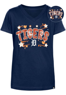New Era Detroit Tigers Girls Navy Blue Hearts and Stars Flip Sequin Short Sleeve Fashion T-Shirt