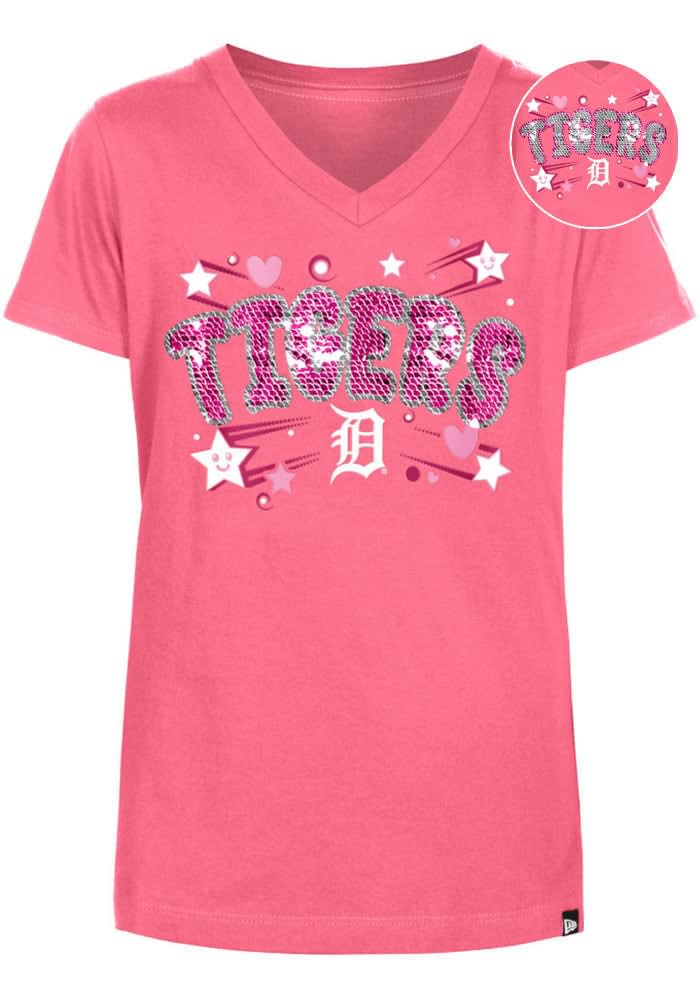 New Era Detroit Tigers Girls Hearts And Stars Flip Sequin Short Sleeve Fashion T Shirt Pink