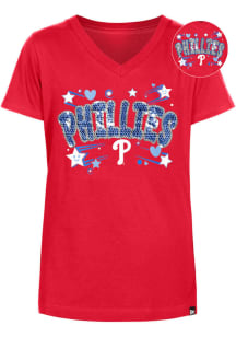 New Era Philadelphia Phillies Girls Red Hearts and Stars Flip Sequin Short Sleeve Fashion T-Shir..