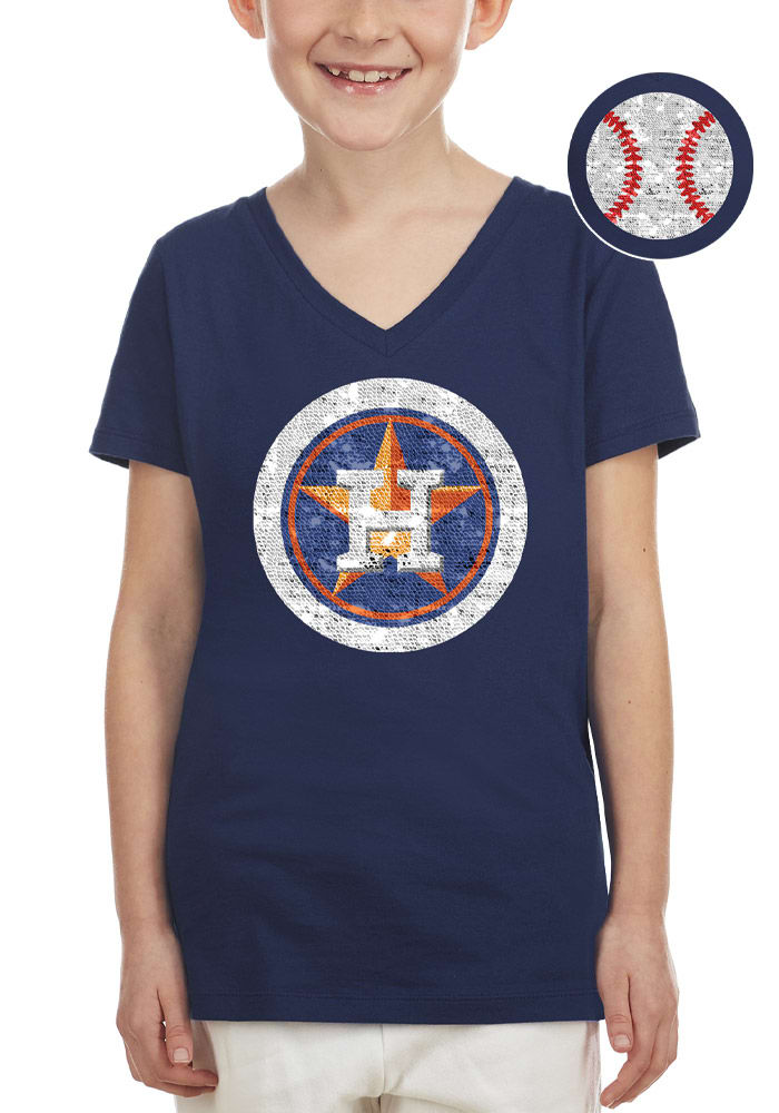 New Era Houston Astros Youth Girls Flip Sequin T-Shirt - Navy