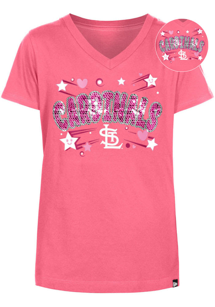 New Era St Louis Cardinals Girls Pink Hearts and Stars Flip Sequin Coop Short Sleeve Fashion T-Shi..