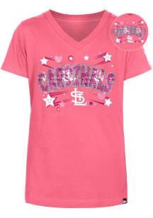 New Era St Louis Cardinals Girls Pink Hearts and Stars Flip Sequin Coop Short Sleeve Fashion T-S..