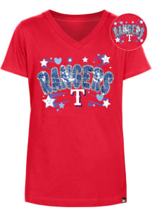 New Era Texas Rangers Girls Red Hearts and Stars Flip Sequin Short Sleeve Fashion T-Shirt