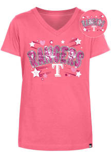 New Era Texas Rangers Girls Pink Hearts and Stars Flip Sequin Short Sleeve Fashion T-Shirt