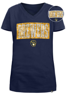 New Era Milwaukee Brewers Girls Navy Blue Wordmark Flip Sequin Short Sleeve Fashion T-Shirt