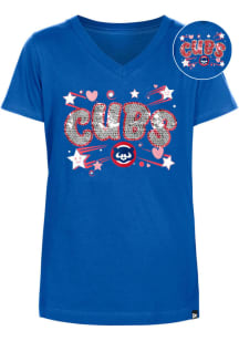 New Era Chicago Cubs Girls Blue Hearts and Stars Flip Sequin Short Sleeve Fashion T-Shirt