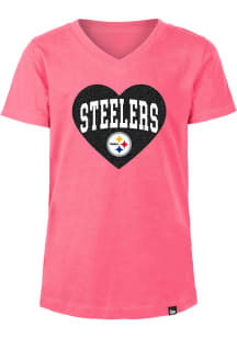 New Era Pittsburgh Steelers Girls Pink Glitter Wordmark Heart Short Sleeve Fashion T-Shirt