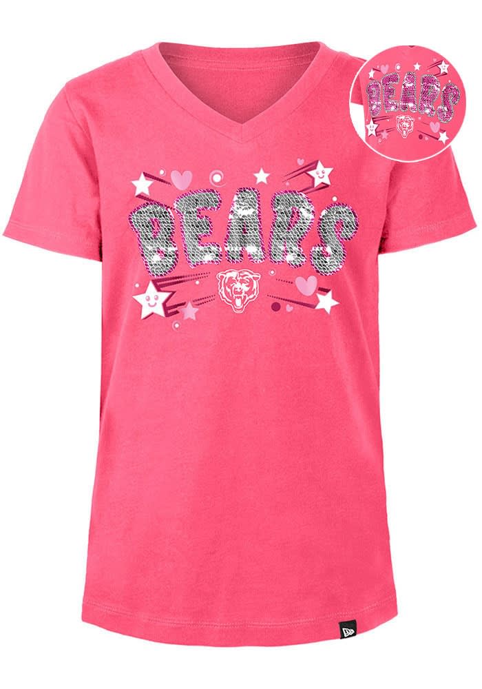 New Era Chicago Bears Girls Hearts and Stars Flip Sequin Short Sleeve Fashion T Shirt PINK