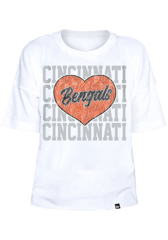 New Era Cincinnati Bengals Girls White Flip Sequin Heart Short Sleeve Fashion T-Shirt